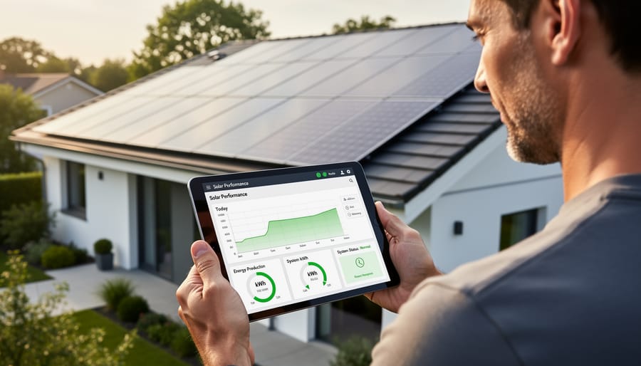 Homeowner inspecting a solar inverter on the side of a house while holding a phone nearby
