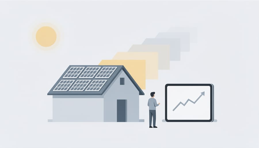 Homeowner reviewing solar monitoring on a tablet in front of a house with rooftop solar panels.
