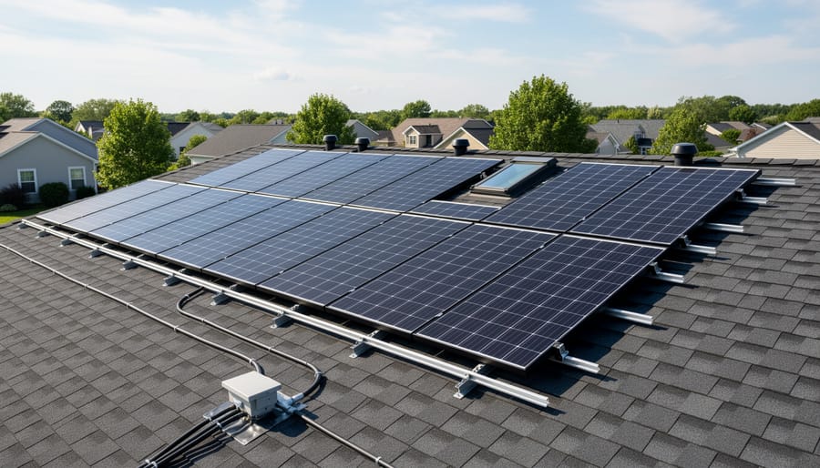 Residential rooftop with solar panels installed on a suburban home under an overcast sky