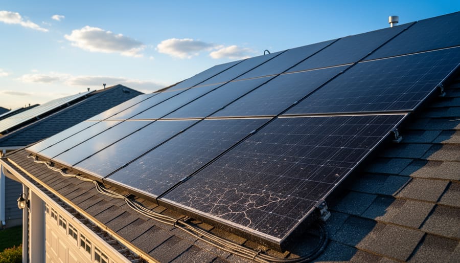 Solar panels installed on a residential roof under golden hour sunlight.