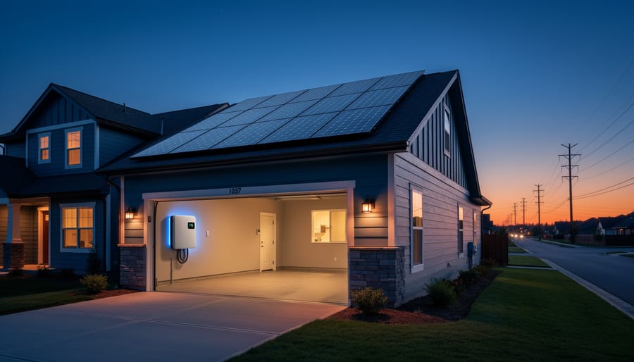 Solar panels on a home roof at dusk with twilight lighting and warm window lights in the background