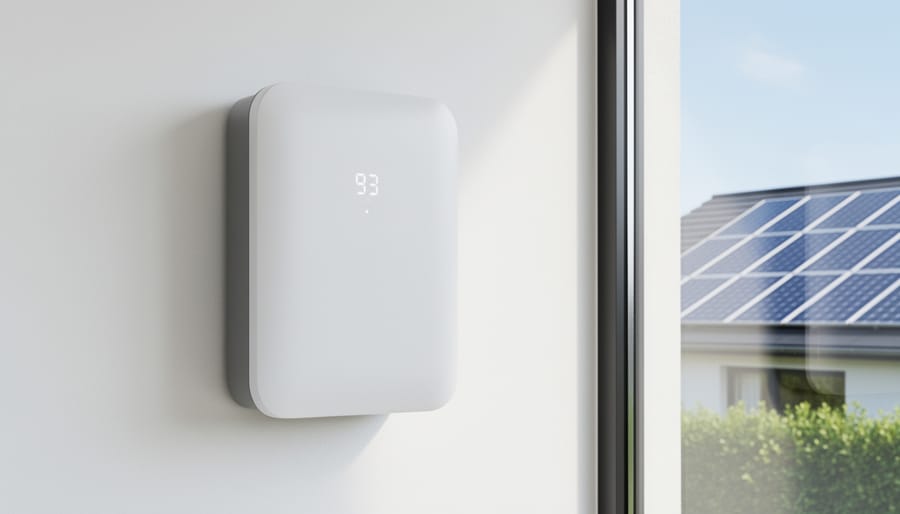Garage installation featuring a sleek solar battery unit mounted on the wall with warm golden-hour lighting.