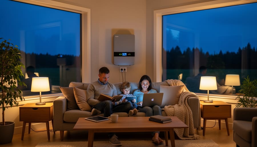 People relaxing indoors at dusk with warm lights on, suggesting power availability after sunset.