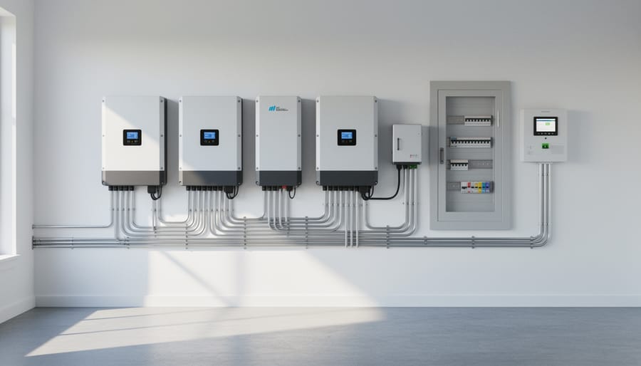 Solar battery enclosure and inverter equipment installed neatly in a utility area.