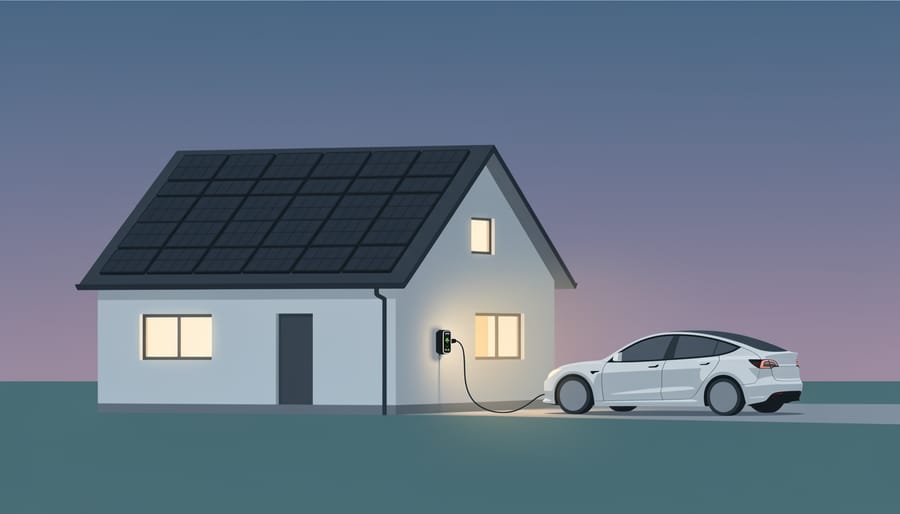 Electric vehicle plugged in to charge at a home with a visible solar roof in the background.