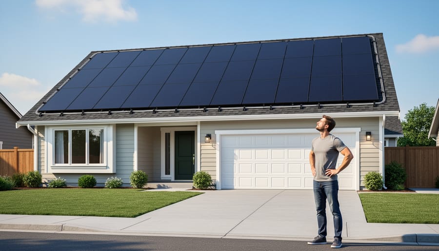 Homeowners looking up at modern solar panels on a rooftop during golden hour