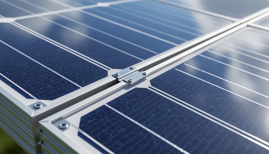 Close-up of reflective solar panel surface with visible cell grid texture