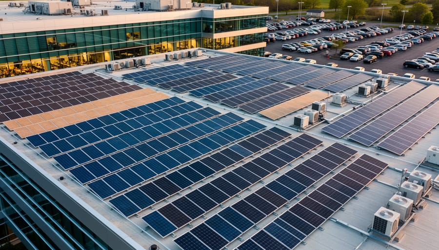 Solar panels installed on a commercial building canopy in golden hour sunlight