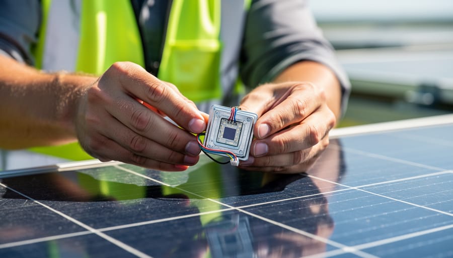Person inspecting a solar panel module on a workbench