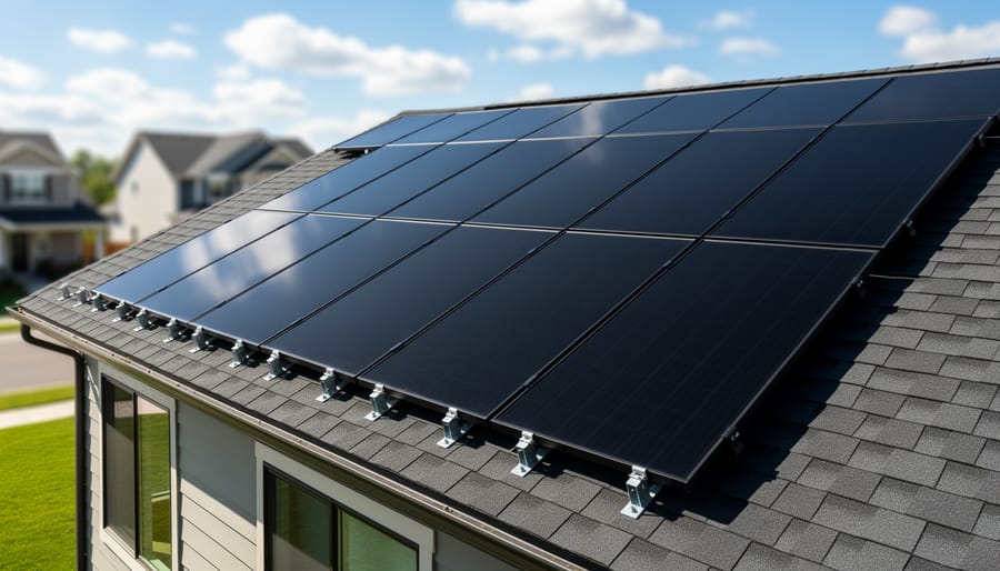 Residential rooftop with modern solar panels generating electricity in bright sunlight